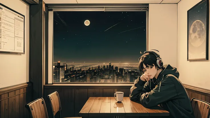 ３０1 man in his 20s, 90s anime style, night, coffee shop, moon, Man with headphones, late night カフェのカウンター席, listen to music alone, City Pop, low quality, Lo-Fi, Chill, late night, Stylish cafe counter seats, Dark Room, futuristic night view outside the wind...