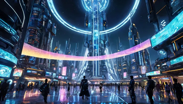 In the future world，Many people are wearing futuristic mecha costumes，In the Science Fiction Ring City Tomorrow Square，The future city square is a magnificent circular building，There is a square tower made of numbers in the center，Against the night sky。The...