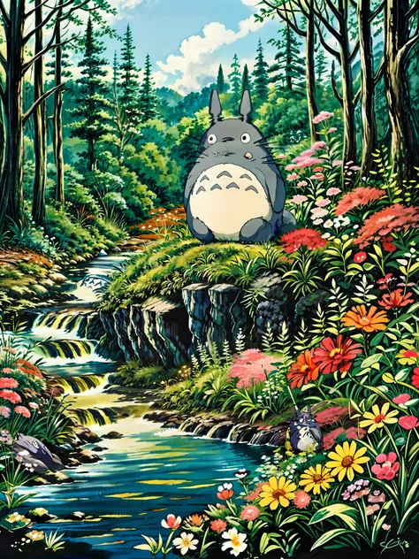 a painting of a totoro sitting near the river, flowers, multicolored flowers, my neighbor totoro, totoro from my neighbor totoro...