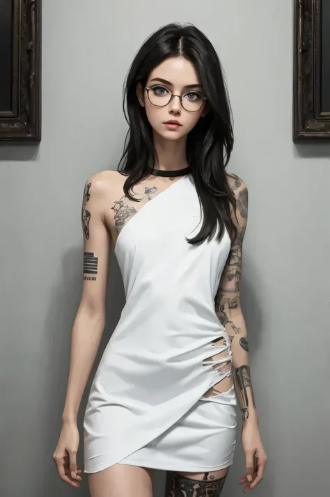 (masterpiece, best quality)
1girl, solo, messy black hair,  circular framed glasses, lips,  tattoo, realistic, blue eyes, medium...