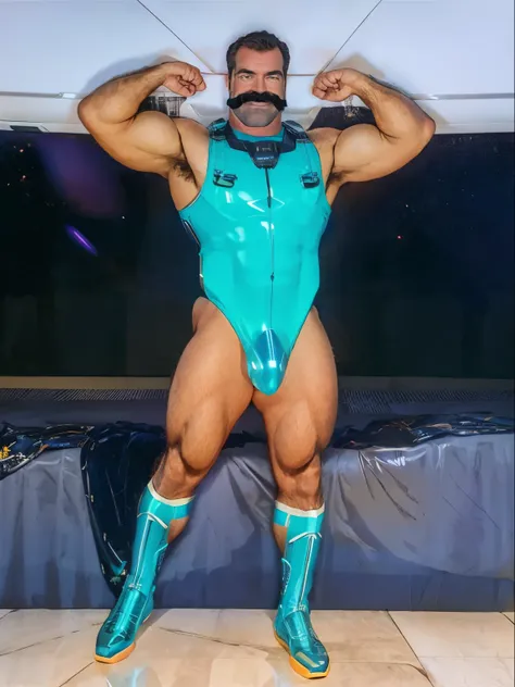 full body portrait, strong burly hairy mature older man(space captain), wearing futuristic captains uniform insignia (neon and black) (open and revealing) (latex) , gray hair, broad shoulders, round belly, thick feet, bulging micro thong, barefoot, scifi s...