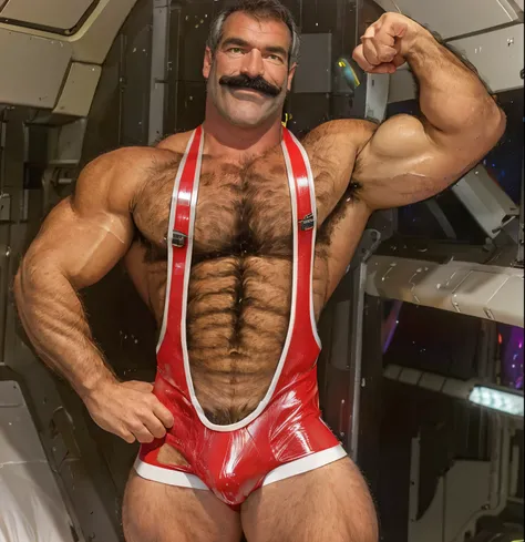 full body portrait, strong burly hairy mature older man(space captain), wearing futuristic captains uniform insignia (neon and black) (open and revealing) (latex) , gray hair, broad shoulders, round belly, thick feet, bulging micro thong, barefoot, scifi s...