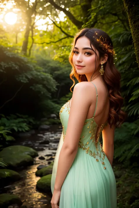 In a tranquil glade, where the boundary between nature and sorcery blurred, stood a graceful girl of extraordinaryloveliness, bedecked in a gown that dazzled with the hues of a setting sun. Her tresses of chestnut hue cascaded down her back, dancing with t...