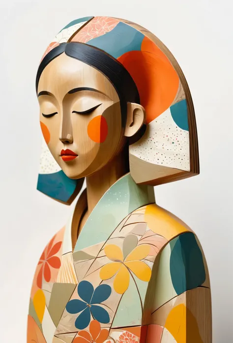 Colorful sculptures of Asian women painted in earthy tones, Rough texture，Stale，Wearing a floral dress, White background, John Klassen&#39;s Style. EArrangei and Morandi colors, organic shapes, Geometric patterns, The style of Shu Uemura. Paint drops on Ma...