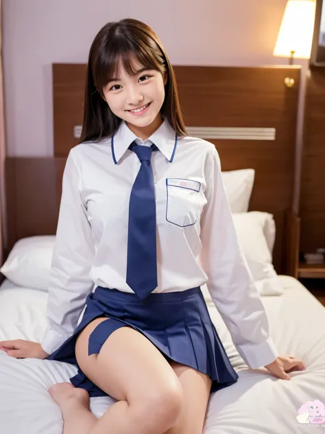 A very cute face like a 15-year-old idol　Smiling Kindly　School uniform　You can see the panties in the skirt　Whole body　Medium size bust　bedroom　night　Hotel Bed　RAW Photos　Genuine　Real　High definition