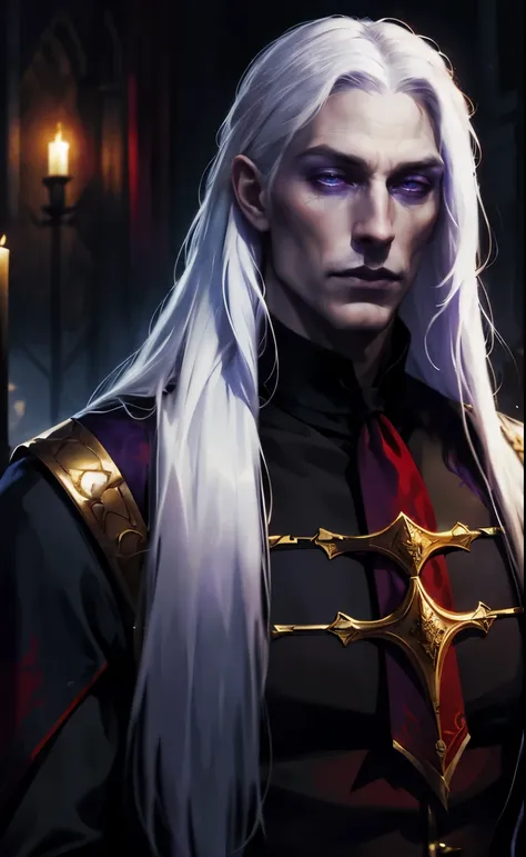 dark fantasy, middle ages, targaryen, prince, man, with long straight white hair, pale skin, purple eyes, scar on nose, strong b...