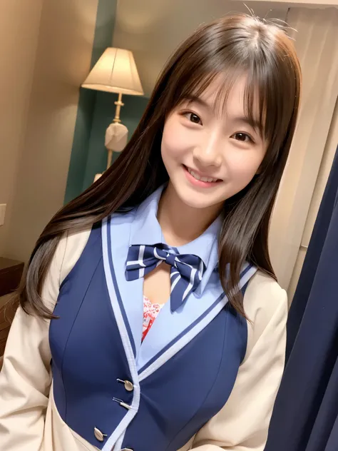 A very cute face like a 15-year-old idol　Smiling Kindly　School uniform　She unbuttons her jacket to reveal her bra　Bra is looking　Medium size bust　bedroom　night　Hotel Bed　RAW Photos　Genuine　Real　High definition