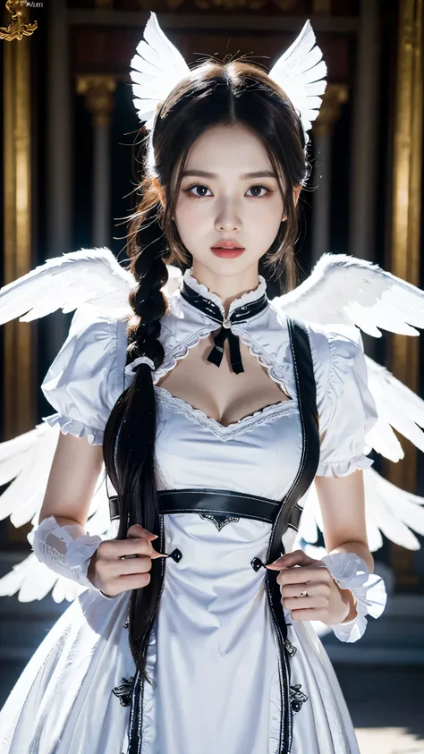 （8K，Best picture quality：1.2），（tmasterpiece：1.37），（photore，realisticlying：1.37），（Ultra-high resolution），((1girll))， [Chinese|Russian|Japanese|Korean]，A half body，(White wings)，Shooting from front，Slow motion，Female paladins dressed in full body，（Light silv...