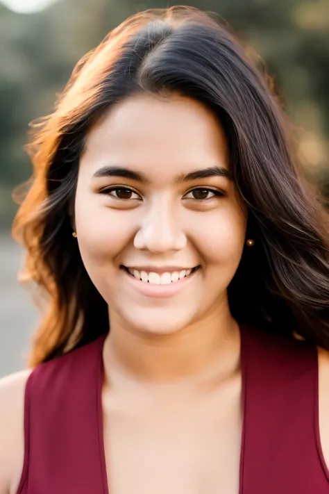 RAW photo, face portrait photo of beautiful 23 y.o woman, cute face, wearing maroon dress, happy face, hard shadows, cinematic shot, dramatic lighting, closeup, very close