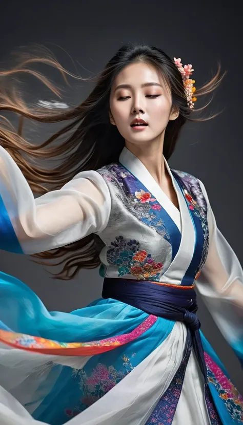 motion blur, black and white close up, white background, a woman in an intricate and colorful hanbok dress, spinning frantically...