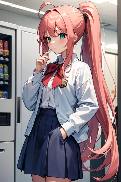 (masterpiece), best quality, highres, 4k, 1girl, solo, nice hands, in1, ponytail, long hair, ahoge, white shirt, , blue skirt, long sleeves, red bow, white socks, green jacket,night,vending machine, hand in pocket,