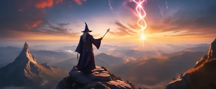 Awesome artwork of a wizard on the top of a mountain, magic text, at dawn, sunrise, Ultra-Wide Angle