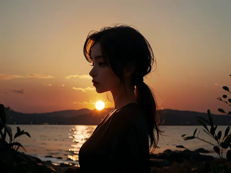 Beautiful woman silhouette at sunset