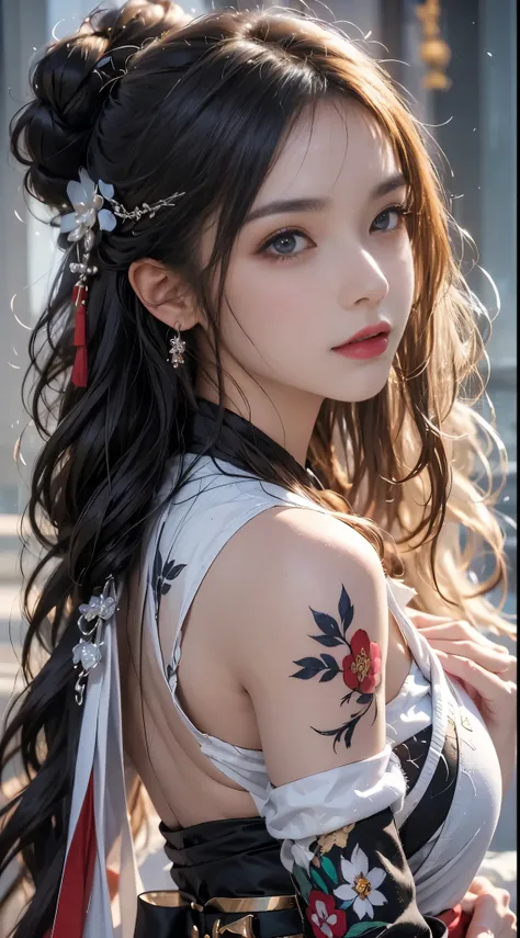 realistically, A high resolution, One woman, butt lift, pretty eyes, Long gray hair, eye socket, jewely, tattoo is, Hanfu, a beautiful woman in China, Red embroidered Hanfu