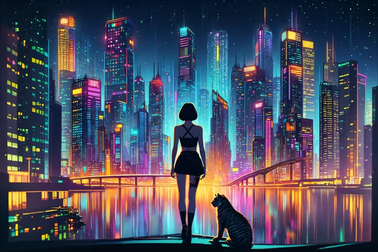 A vibrant city skyline at night, depicting a futuristic cyberpunk metropolis. Buildings are illuminated, casting reflections on the water’s surface. A figure stands between the distant skyscrapers, and the scene is bathed in a myriad of colorful lights, cr...