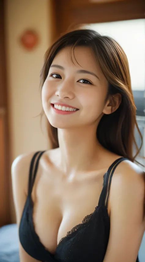 masterpiece,best quality,(Japanese ),((Beautiful girl)),cleavage,indoor,(perfect body beauty:1.2),(shy smile),beautiful teeth,