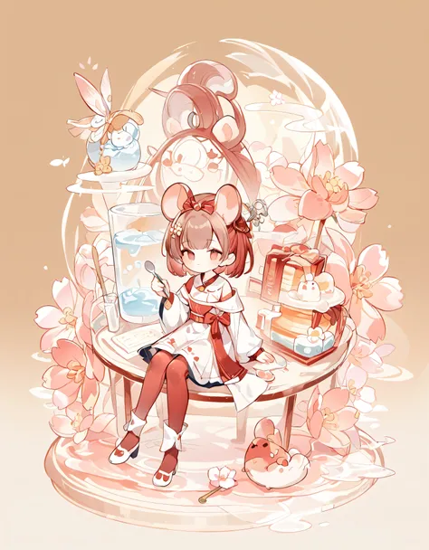 sitting，spoon in hand，（clean background），depth of detail，q version three-headed body、mouse ears，transparent watercolor、girl、beau...