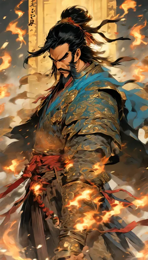 Sun Wu，middle aged man, armor，armor，Domineering painting style, high resolution, Black hair, Half of the body is exquisite，Warring States Period，armor，warrior，chinese warrior, Exquisite three-dimensional blue flame face, Bearded, Wearing a hat, Domineering...