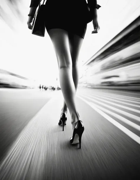 Motion blur, black and white close-up, white background, (back of a woman walking home in a hurry: 1.3), tilt-shift of (focus on legs and high heels)
Professional Fashion Photography, Super Macro, Long wavy hair with unusually rich and super fine textures,...