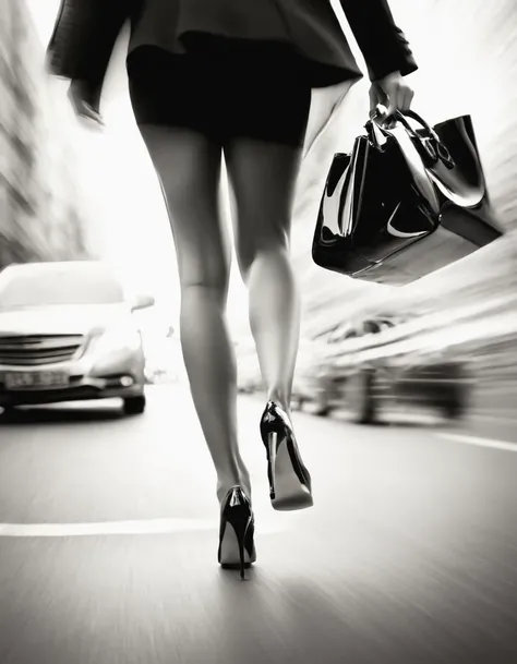 Motion blur, black and white close-up, white background, (back of a woman walking home in a hurry: 1.3), tilt-shift of (focus on legs and high heels)
Professional Fashion Photography, Super Macro, Long wavy hair with unusually rich and super fine textures,...