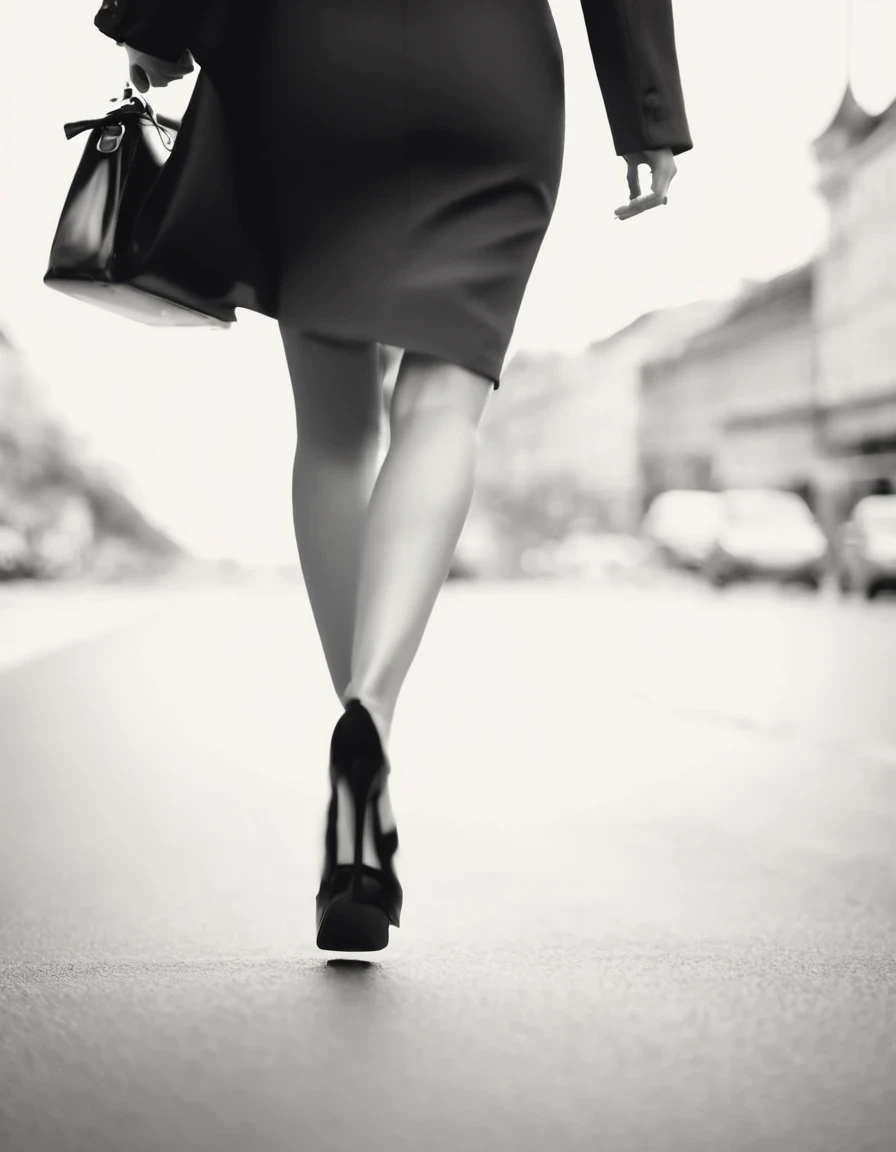 Motion blur, black and white close-up, white background, (back of a woman walking home in a hurry: 1.3), tilt-shift of (focus on legs and high heels)
Professional Fashion Photography, Super Macro, Long wavy hair with unusually rich and super fine textures,...