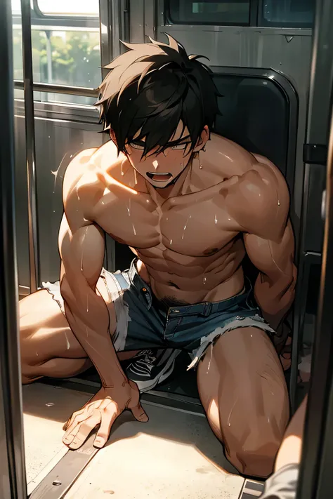 shirtless handsome manly short black hair caucasian male in tattered short jeans and sneakers, shirtless, sweating profusely, drenched with sweat, exhausted, panting, kneeling inside the bus, inside the bus is crowded with people
