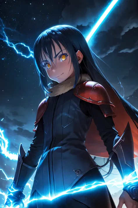 (best quality,highres:1.2), detailed fantasy art,serious expression,robot-like eyes,long black hair,evil smile, fighting stance, rimuru tempest de tensei shitara slime datta ken, cuerpo de hombre joven, adolescente, el cabello es celeste, los ojos son de r...