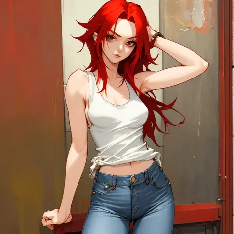 Wearing a baggy tank top and jeans、Beautiful woman with red hair