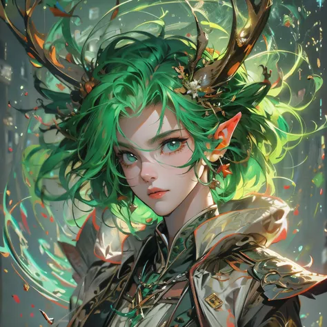 androgynous, nonbinary, realistic, masterpiece solo portrait, volumetric lighting, HDR, 90FOV, elven, green messy hair, laboratory, tired expression, anime style, glow, shooting star,antlers, satyr, Full body