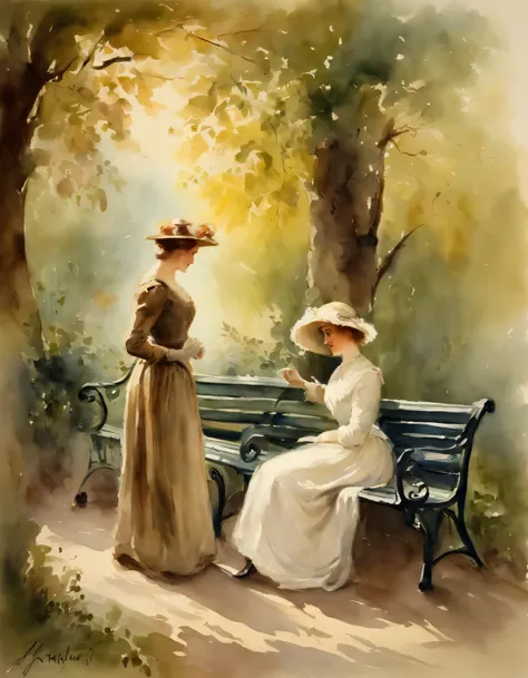 Romantic scene, Two elegant ladies,Talking on a park bench， Two women in the park , Big tree in the background，warm sunlight，author：Adolf Menzel