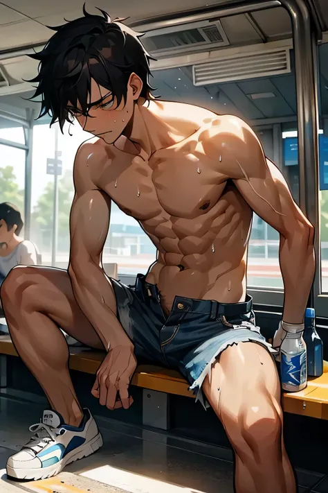 shirtless handsome manly short black hair caucasian male in tattered short jeans and sneakers, holding a bottled water, shirtless, sweating profusely, drenched with sweat, exhausted, panting, inside the bus station, inside the bus station is crowded with p...