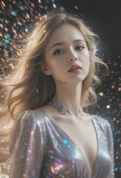 a woman in a sparky dress standing in front of a glitter background, ethereal beauty, a stunning young ethereal figure, 8k artgerm bokeh, blonde girl in a cosmic dress, light effect. feminine, glittering and soft, inspired by Yanjun Cheng, wearing a sparkl...