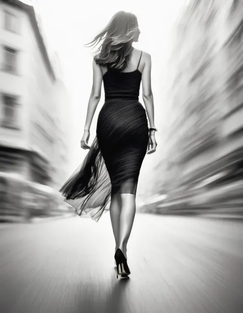 motion blur, black and white close-up, white background, (back of a woman walking home in a hurry: 1.3),hips，high-end black gauz...