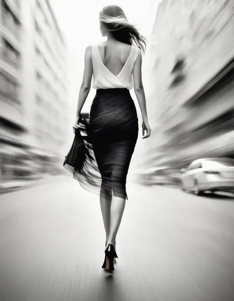 motion blur, black and white close-up, white background, (back of a woman walking home in a hurry: 1.3),hips，high-end black gauz...