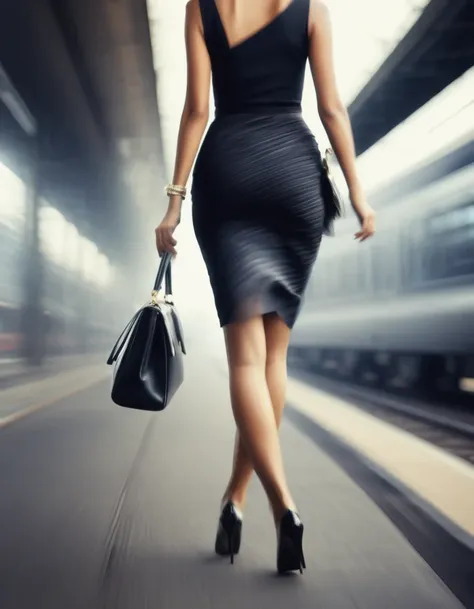 in style of hypermodernism,  beautiful detailed，(motion blur), (close-up of a woman in a short skirt walking briskly with beauti...