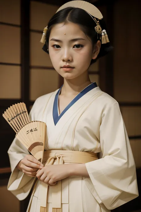 Kioto, 1932. A little ((((12-year-old)) Sayuri)), strikingly beautiful, delicate facial features, porcelain skin, expressive eyes, ((((traditional dance, fans movement)))), ((((japanese girl clothings from the 1930s)))), ((hairstyle of the 1930s)), color