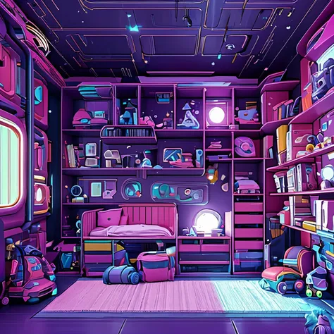 A vibrant Scifi colorfully lit nursery, with a highly detailed and colorful crib. The room has space ship like walls colored black with gold trim, the carpet is purple in color and fuzzy soft welcoming to crawl on. One wall has scifi toys for a  age range ...