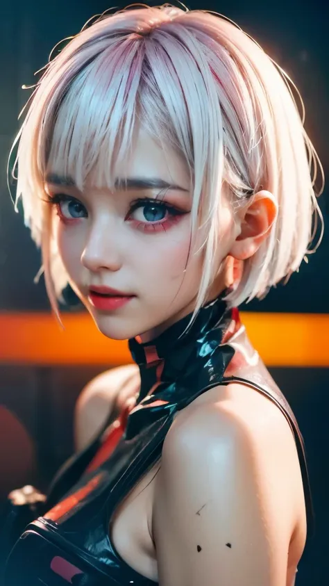 A colorful Bob cut haired punk girl, smooth white skin, innocent look, 15 years old, Ultra high res, uhd, (photorealistic:1.4), cyberpunk outfit, winking, smiling ear to ear, neon lighting