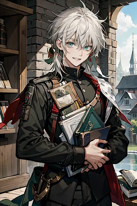 dark background、town、youth、white hair、green eyes、shortcuts、laughing、book