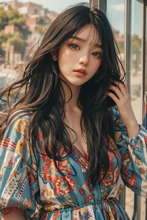 Araped woman wearing multi-colored dress with long black hair, curtain bangs, No makeup, wavy hair, Madison Beer, without makeup, 중앙에서 분리된 curtain bangs, Profile picture, Use Instagram Filters, Subtle soft and dim light, Pose looking back at the beach, per...