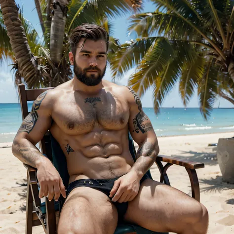 A handsome young bearded man resting in a chair, water drops on his body, looking at the camera, masculine body, intense look, tattoos, sunny outdoor day, beach background,