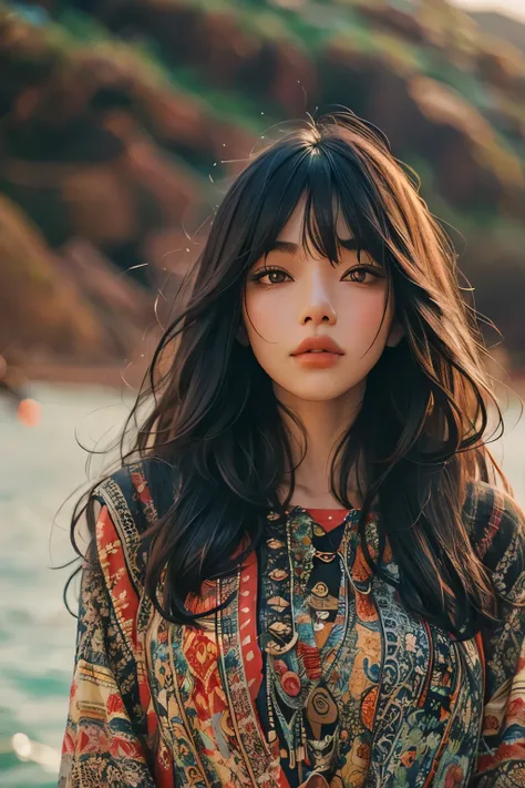 Araped woman wearing multi-colored dress with long black hair, curtain bangs, No makeup, wavy hair, Madison Beer, without makeup, 중앙에서 분리된 curtain bangs, Profile picture, Use Instagram Filters, Subtle soft and dim light, Pose looking back at the beach, per...