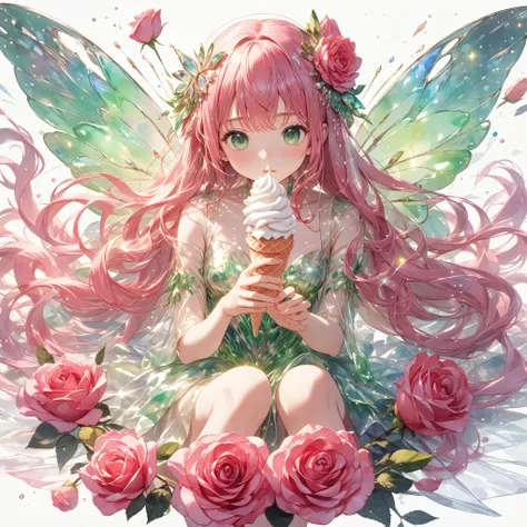 masterpiece, highest quality, A rose fairy girl with long pink hair and green eyes is sitting on a rose and holding a soft serve ice cream. Translucent green crystal outfit. Transparency, Particles of light, full body shot, white Particles of light, Gloss,...