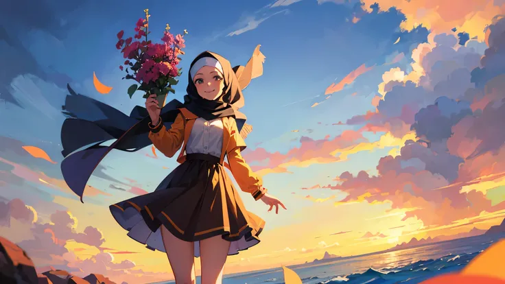 Anime girl, Wearing a hijab, holding flowers, smiling at the camera, a little far away, big smile, blown by the wind