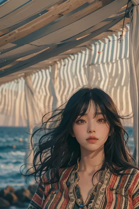 Araped woman wearing multi-colored dress with long black hair, curtain bangs, No makeup, wavy hair, Madison Beer, without makeup, 중앙에서 분리된 curtain bangs, Profile picture, Use Instagram Filters, Subtle soft and dim light, Pose looking back at the beach, per...