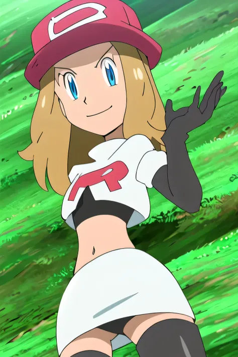 masterpiece, best quality, highres, 1girl, solo, serena (pokemon), pink headwear, red skirt, black shirt, bare shoulders, looking at viewer, closed mouth, solo, spread arms, arms up, smile, lying, on back, on grass, looking at viewer, solo, in the center, ...