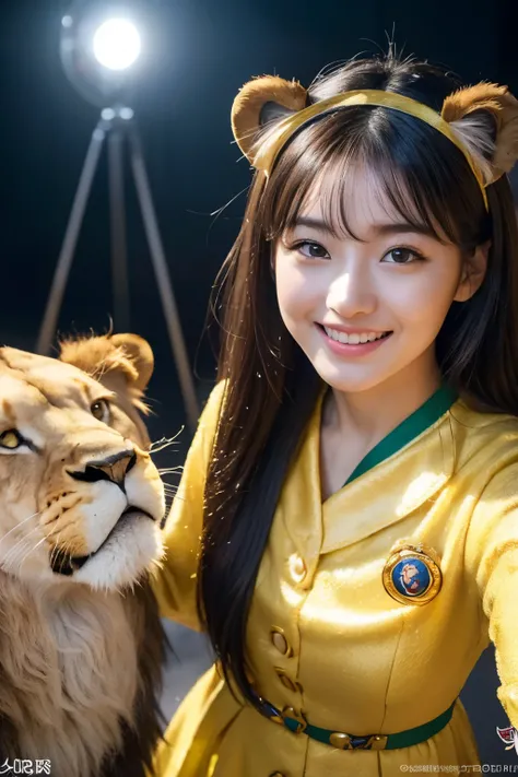 (8K、RAW Photos、top-quality、​masterpiece:1.5)、(realisitic、Photorealsitic:1.5)、ultra-detailliert、超A high resolution、lighting like a movie、(((Idols who love lions)))、(((Japan 16 year old girls)))、(((Wearing a cute costume with a lion motif)))、(A lot of lions:...