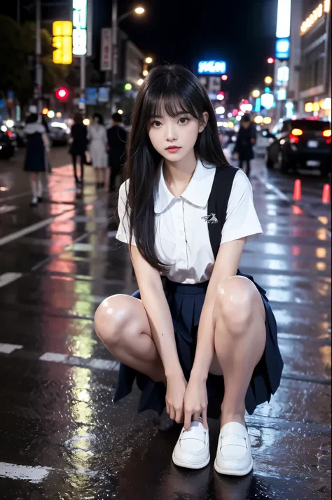 1 woman、(Super beautiful)、(Beautiful face:1.5)、Clear outline、Squat、Spread your legs、(White:1.4)、(high school uniform)、(Dark blue pleated skirt)、(Wear black loafers)、(Shibuya sidewalk at night)、Neon、(At San Francisco Fashion Week:1.1)