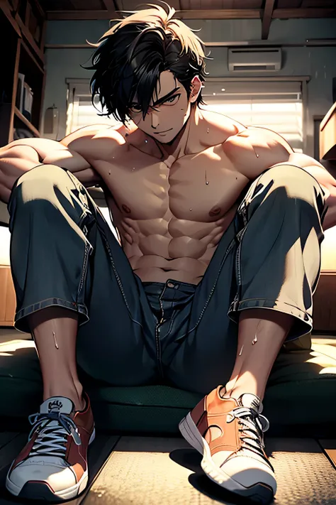 shirtless handsome manly short black hair caucasian male in tattered short jeans and sneakers, shirtless, sweating profusely, drenched with sweat, exhausted, panting, sitting on the sofa, at home
