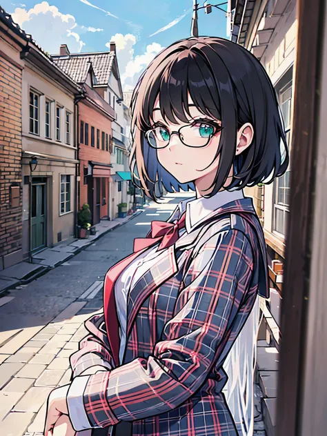 Top-High quality、Highest quality、masterpiece、High Contrast、Colorful、Elegance、Sexy expression、high school girl、Beauty、Bob cut braids、uniform、(red blazer)、Ribbon tie、(Green and gray plaid skirt)、(black tightovie-like shadows、fine shading、cute、Truly unbelieva...